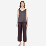 Womens Sleeveless Silk Tank and Drawstring Pants Pajama Set Dark Gray S
