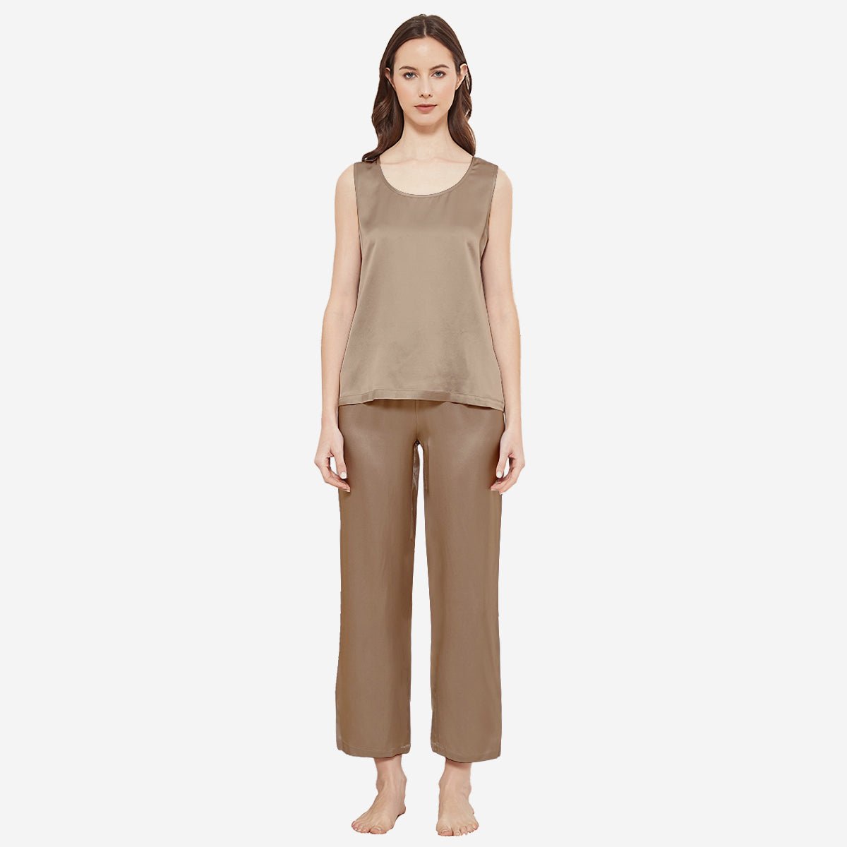 Womens Sleeveless Silk Tank and Drawstring Pants Pajama Set Beige S
