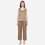 Womens Sleeveless Silk Tank and Drawstring Pants Pajama Set Beige S
