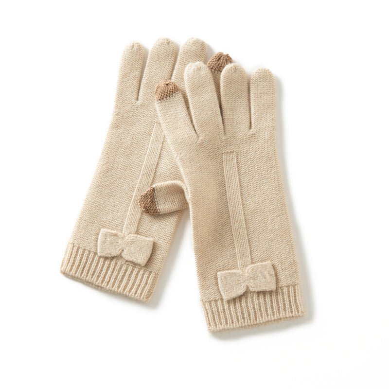 Pure Cashmere Bow Gloves Womens Knit Gloves with Touchscreen Tips Beige M