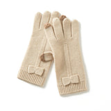 Pure Cashmere Bow Gloves Womens Knit Gloves with Touchscreen Tips Beige M