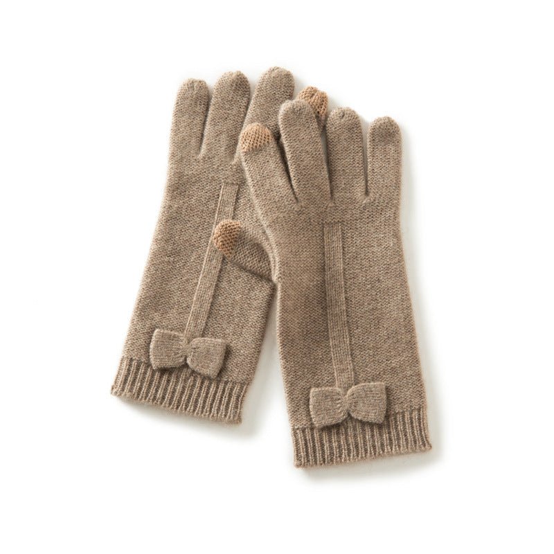 Pure Cashmere Bow Gloves Womens Knit Gloves with Touchscreen Tips Taupe M