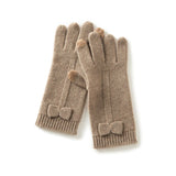 Pure Cashmere Bow Gloves Womens Knit Gloves with Touchscreen Tips Taupe M