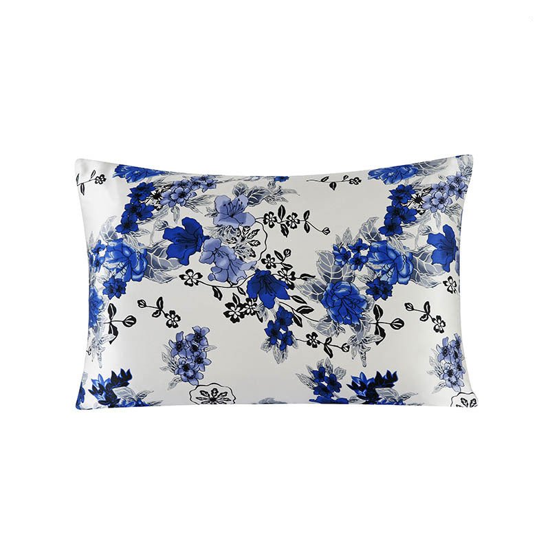 19 Momme Housewife Silk Pillowcase Hidden Zipper Assorted Floral Prints Royal Blue Standard (20" * 26")