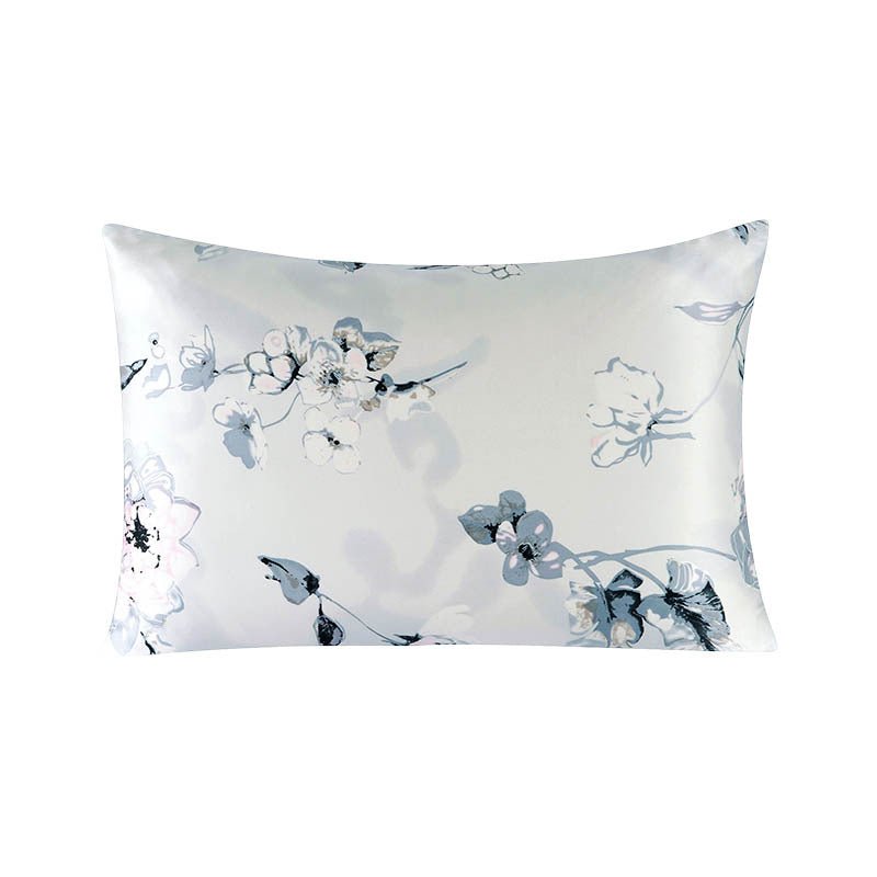 19 Momme Housewife Silk Pillowcase Hidden Zipper Assorted Floral Prints Ice Silver Standard (20" * 26")