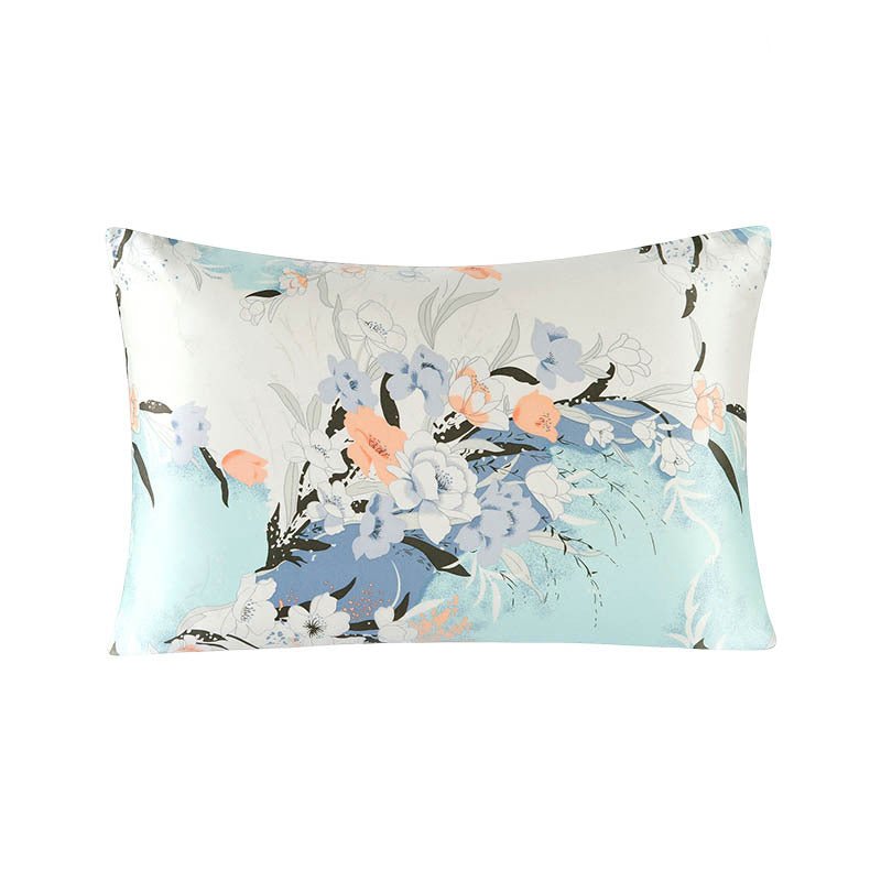 19 Momme Housewife Silk Pillowcase Hidden Zipper Assorted Floral Prints Mint Blue Standard (20" * 26")