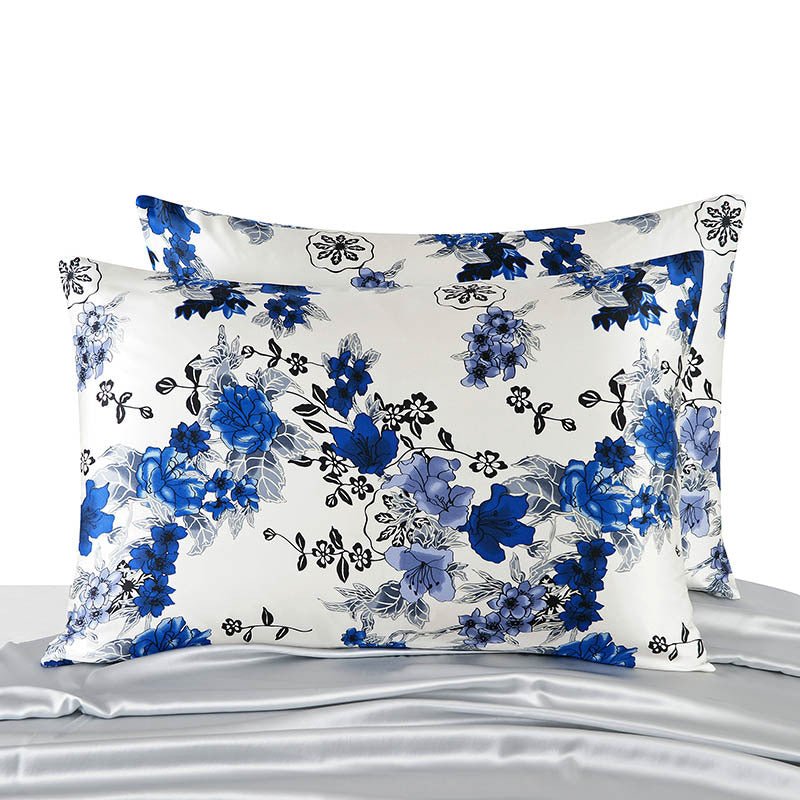 19 Momme Housewife Silk Pillowcase Hidden Zipper Assorted Floral Prints Royal Blue Standard (20" * 26")