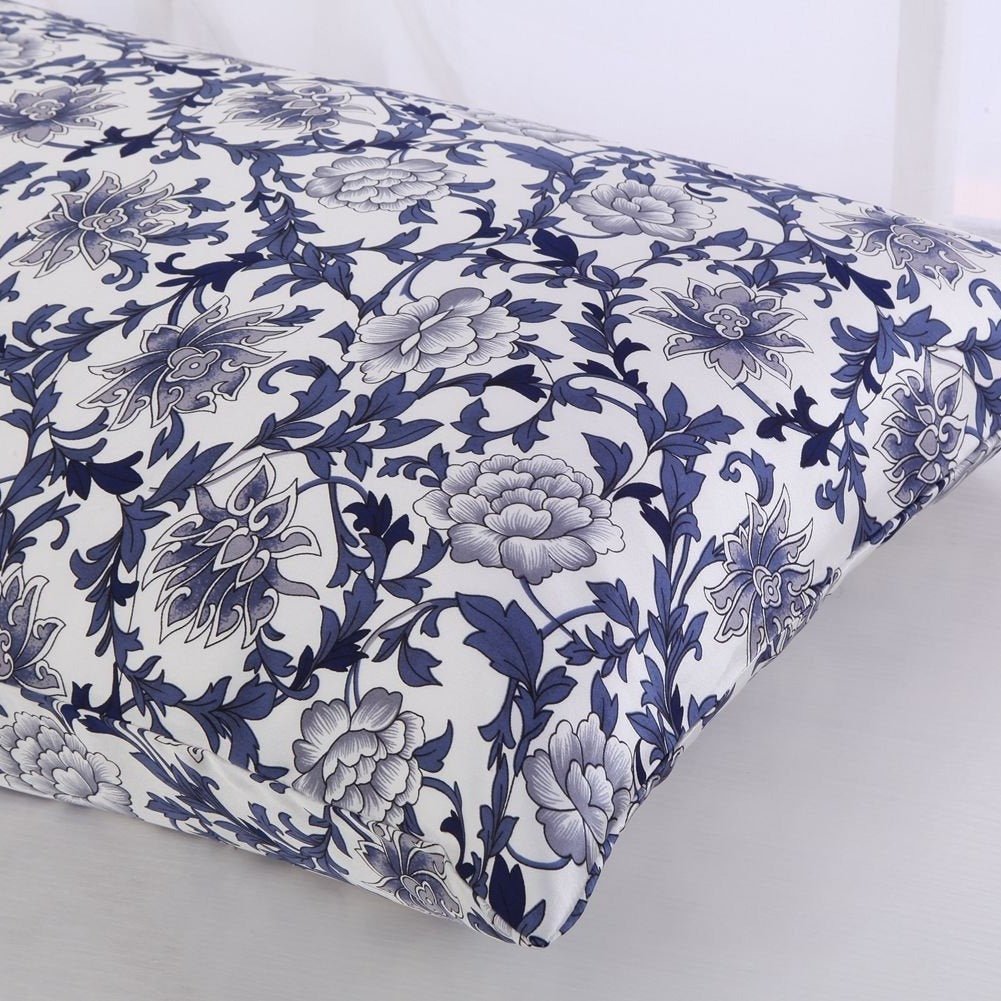 19 Momme Housewife Silk Pillowcase Hidden Zipper Floral Print Silk Pillowcases Navy Blue Standard (20" * 26")