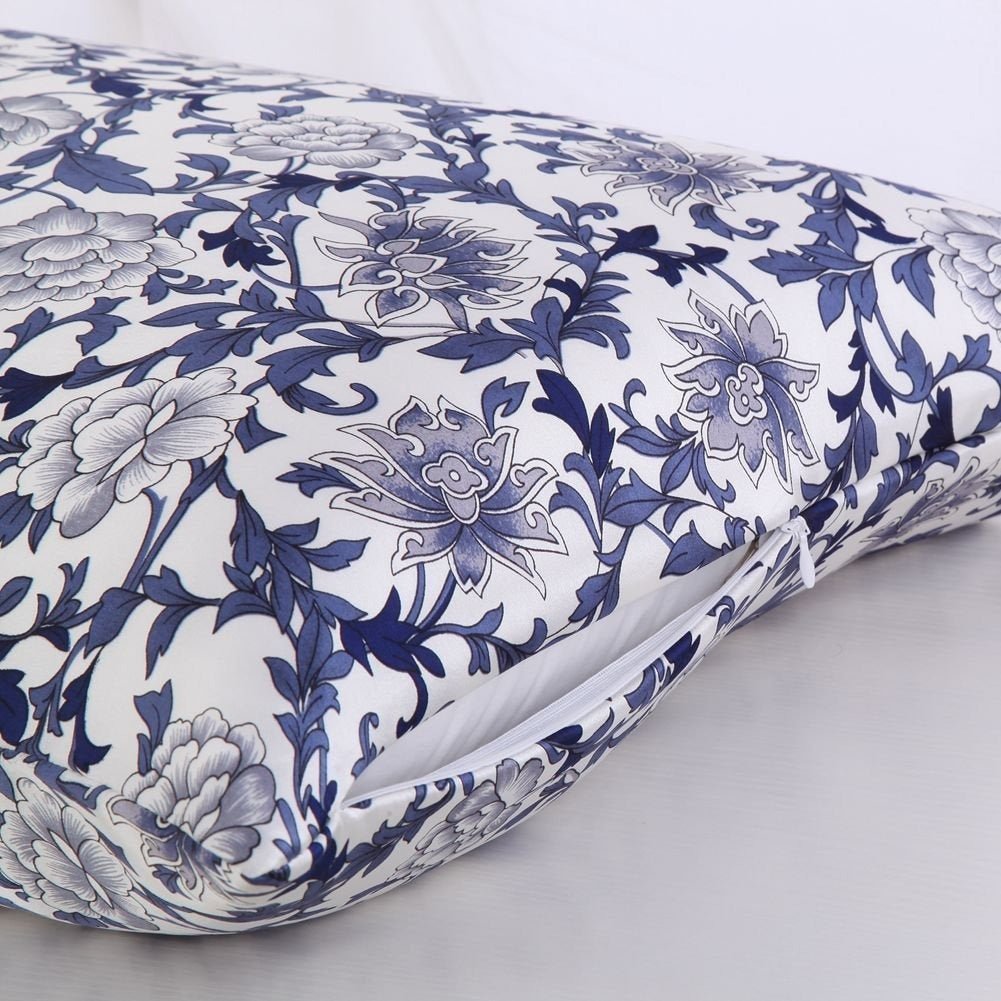 19 Momme Housewife Silk Pillowcase Hidden Zipper Floral Print Silk Pillowcases Navy Blue Standard (20" * 26")