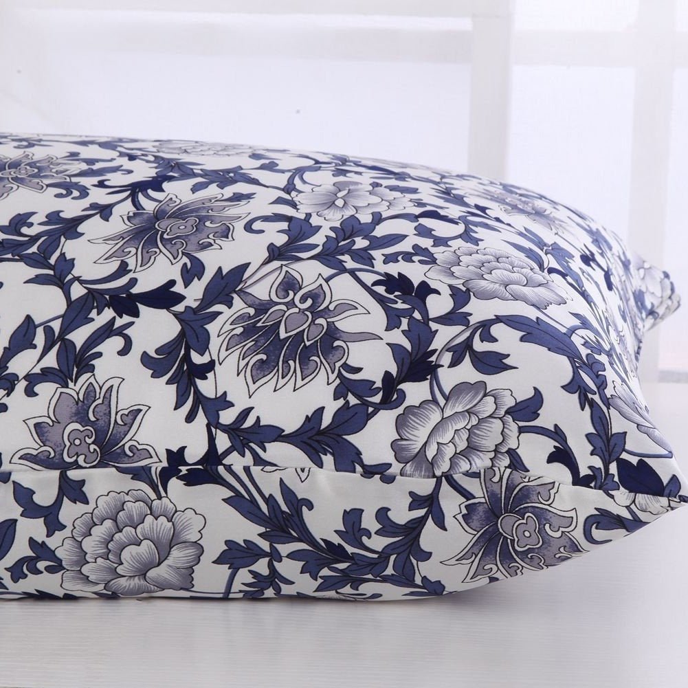 19 Momme Housewife Silk Pillowcase Hidden Zipper Floral Print Silk Pillowcases Navy Blue Standard (20" * 26")