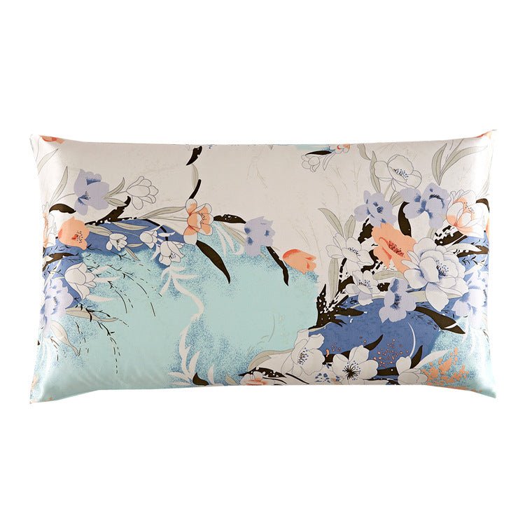 19 Momme Housewife Silk Pillowcase Hidden Zipper Floral Print Silk Pillowcases Mint Blue Standard (20" * 26")