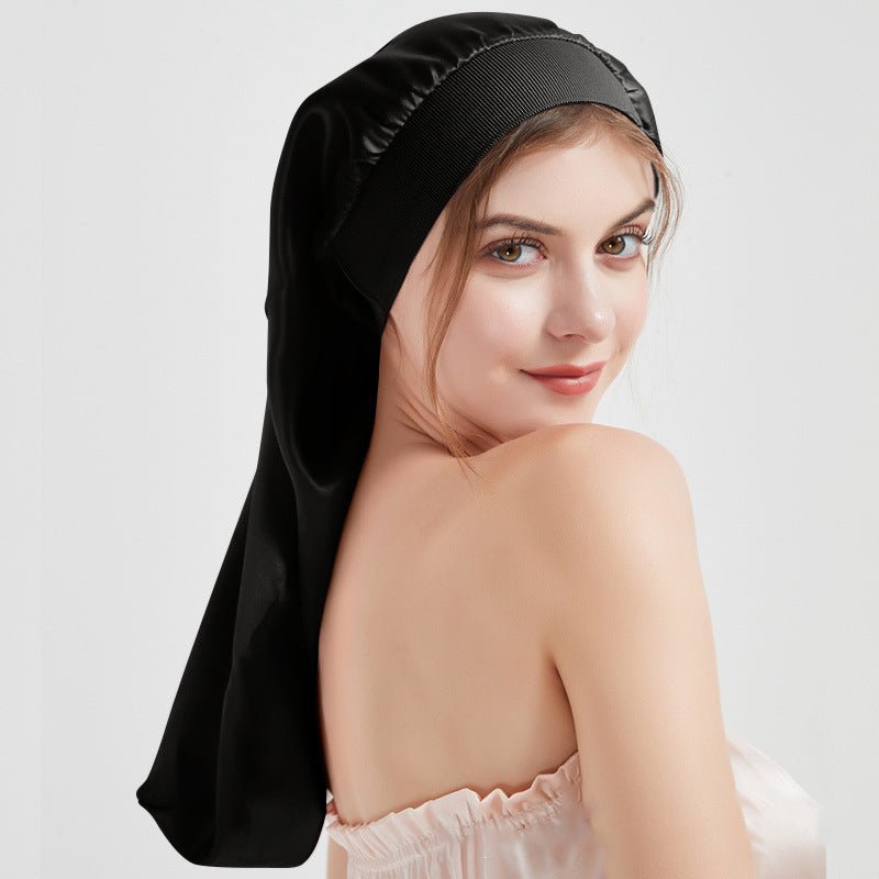 Women Long Silk Sleep Cap Silk Bonnet For Hair Sleep Caps Black 50cm