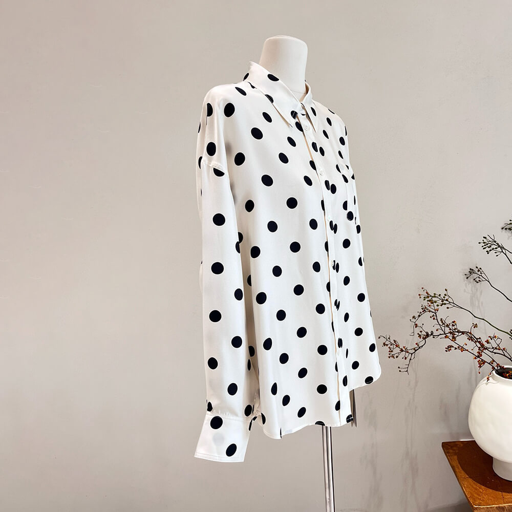 Women Long Sleeve Silk Shirt Polka Dot Button-Up Silk Blouse