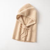 Cashmere Hooded Scarf Ribbed Knit Cashmere Balaclava with Drawstrings