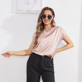 Womens Silk Tops Round Neck Short Sleeves Pure Silk Shirts Rosy Pink XS