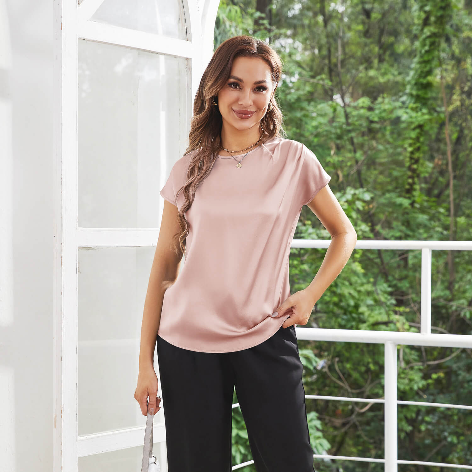 Womens Silk Tops Round Neck Short Sleeves Pure Silk Shirts Rosy Pink XS