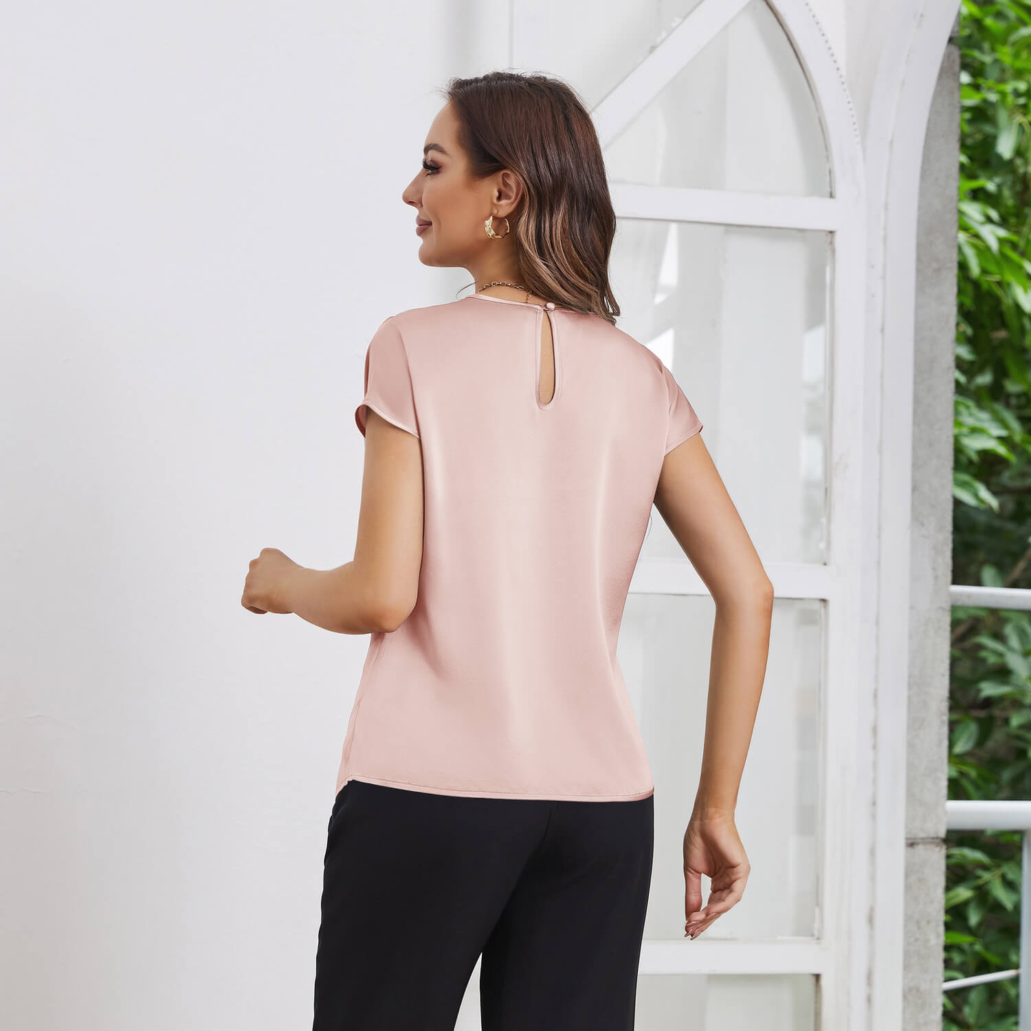 Womens Silk Tops Round Neck Short Sleeves Pure Silk Shirts Rosy Pink XS