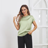 Womens Silk Tops Round Neck Short Sleeves Pure Silk Shirts Sage Green XS