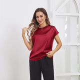Womens Silk Tops Round Neck Short Sleeves Pure Silk Shirts Claret XS