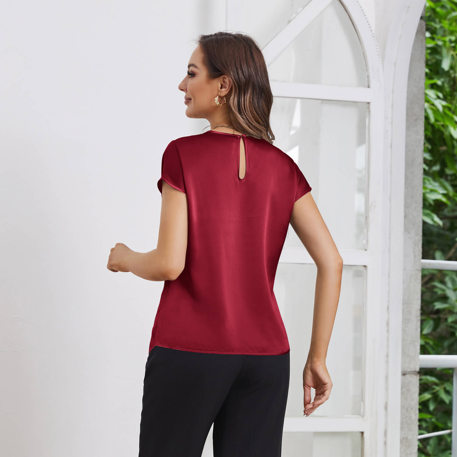 Womens Silk Tops Round Neck Short Sleeves Pure Silk Shirts Claret XS