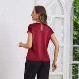 Womens Silk Tops Round Neck Short Sleeves Pure Silk Shirts Claret XS