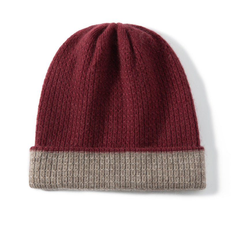 Pure Cashmere Waffle Knit Beanie Hat Double - Layered Winter Hat Fuchsia + Taupe M