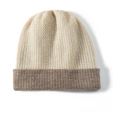 Pure Cashmere Waffle Knit Beanie Hat Double - Layered Winter Hat Beige + Taupe M