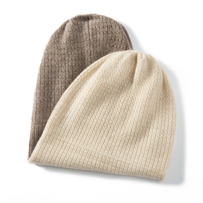 Pure Cashmere Waffle Knit Beanie Hat Double - Layered Winter Hat Beige + Taupe M