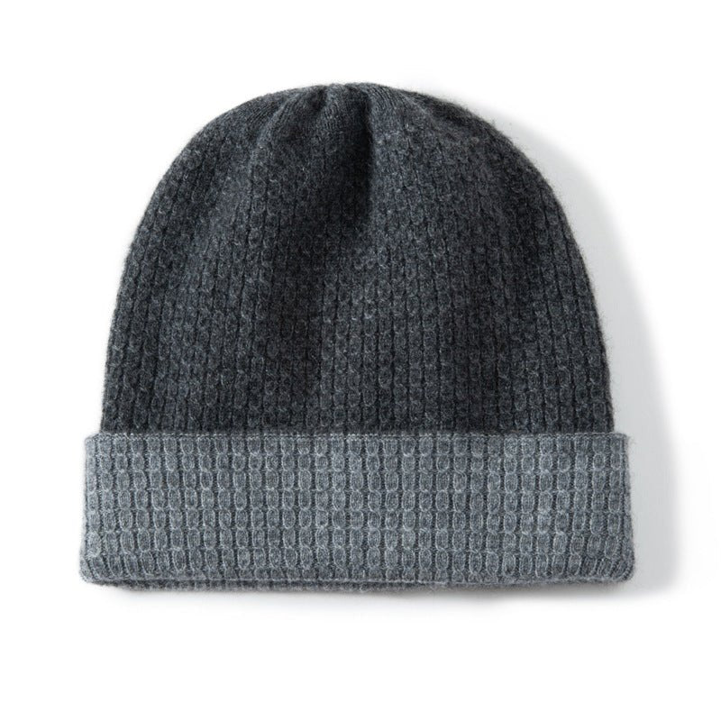 Pure Cashmere Waffle Knit Beanie Hat Double - Layered Winter Hat Gray + Light Gray M