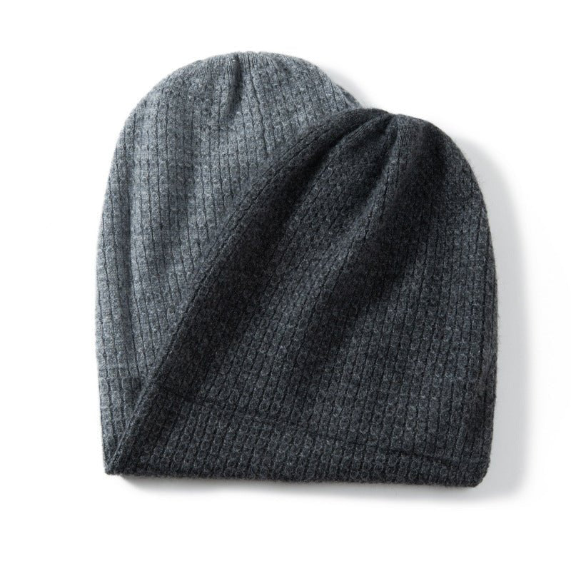Pure Cashmere Waffle Knit Beanie Hat Double - Layered Winter Hat Gray + Light Gray M