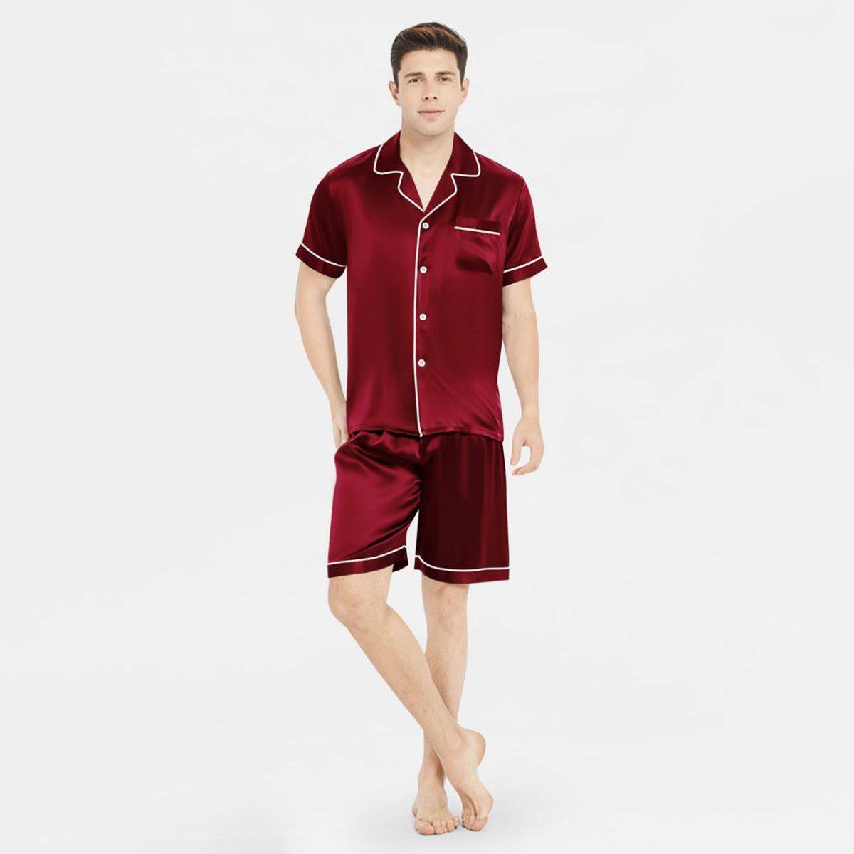 Affordable Men's Short Silk Pajamas Set Basic Men Silk Sleepwear Claret XS