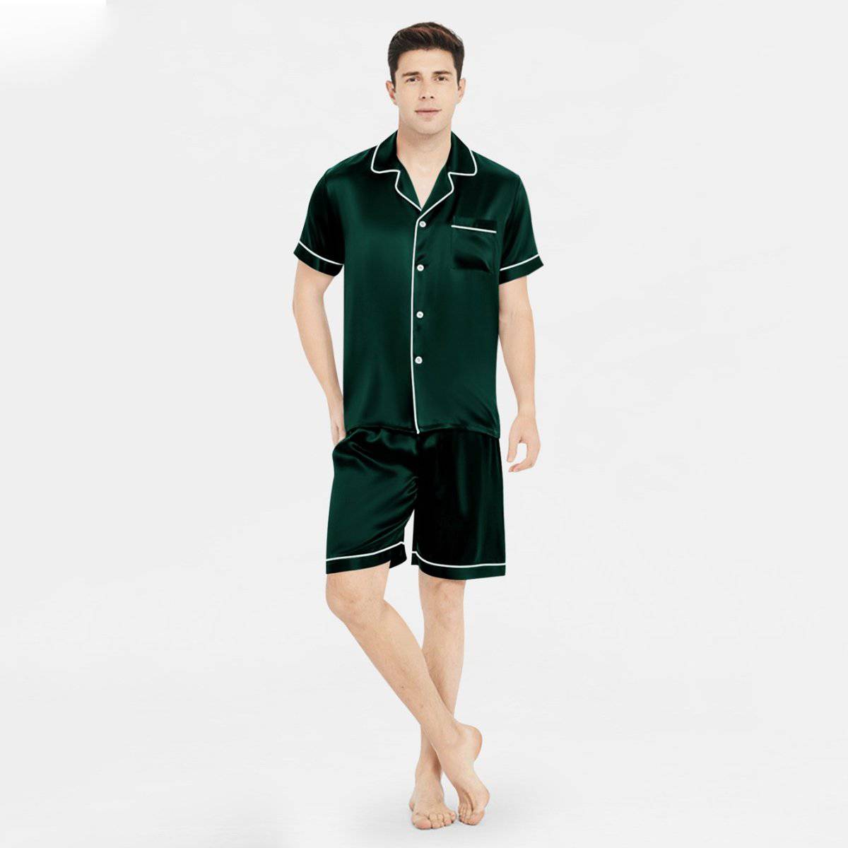 Affordable Men's Short Silk Pajamas Set Basic Men Silk Sleepwear Dark Green XS