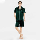 Affordable Men's Short Silk Pajamas Set Basic Men Silk Sleepwear Dark Green XS