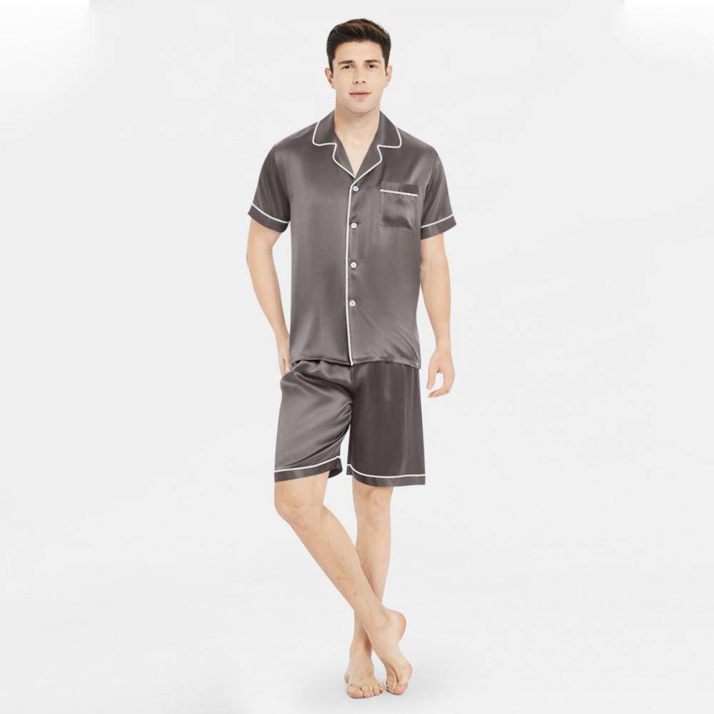 Affordable Men's Short Silk Pajamas Set Basic Men Silk Sleepwear Dark Gray XS