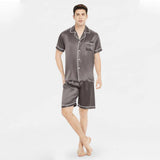 Affordable Men's Short Silk Pajamas Set Basic Men Silk Sleepwear Dark Gray XS