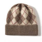 Argyle Cashmere Knit Beanie Patterned Cashmere Winter Cap Diamond Cashmere Hat Taupe M