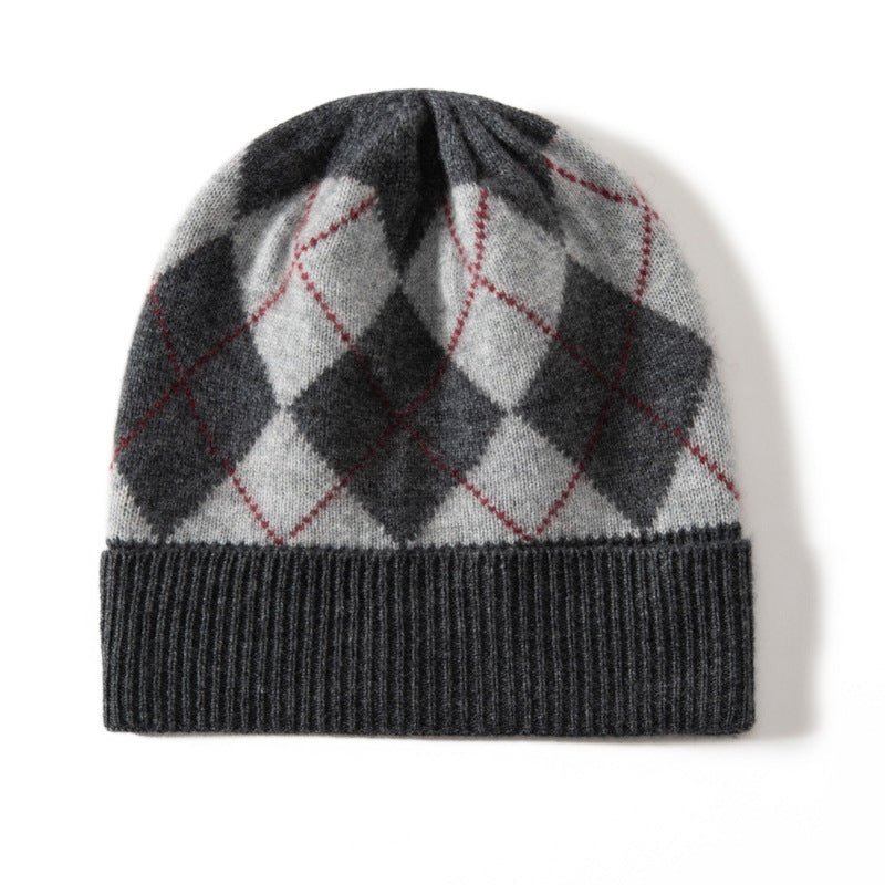 Argyle Cashmere Knit Beanie Patterned Cashmere Winter Cap Diamond Cashmere Hat Grey M