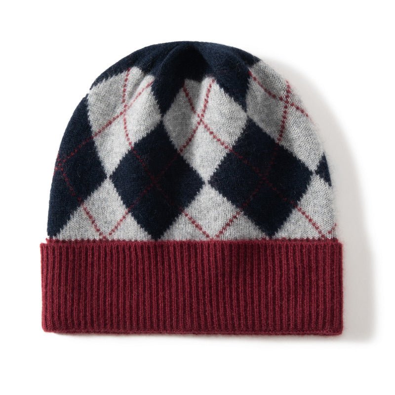 Argyle Cashmere Knit Beanie Patterned Cashmere Winter Cap Diamond Cashmere Hat Navy Blue M