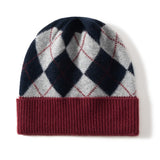 Argyle Cashmere Knit Beanie Patterned Cashmere Winter Cap Diamond Cashmere Hat Navy Blue M