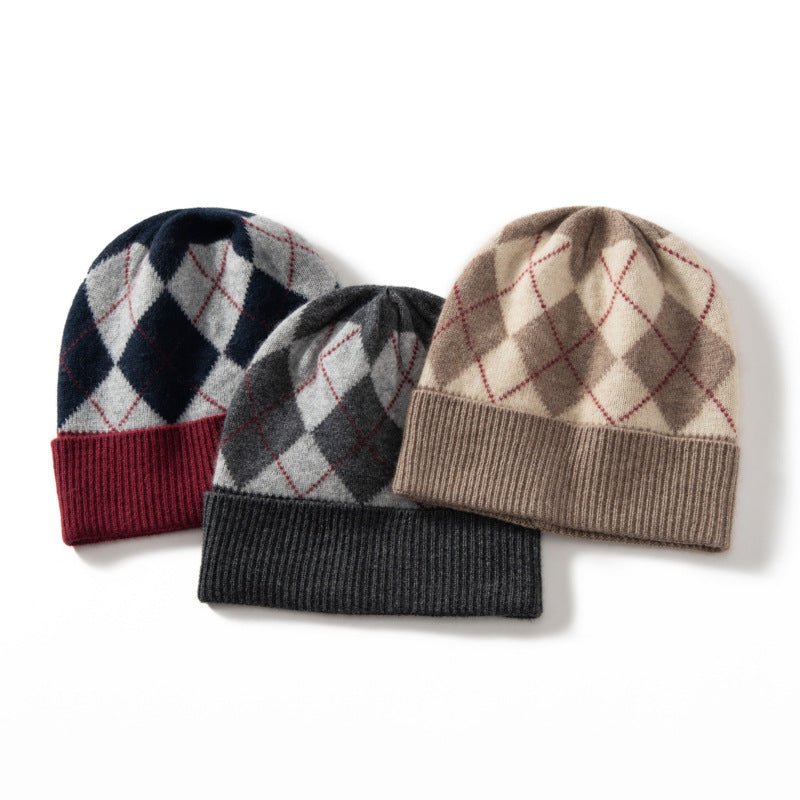 Argyle Cashmere Knit Beanie Patterned Cashmere Winter Cap Diamond Cashmere Hat Grey M