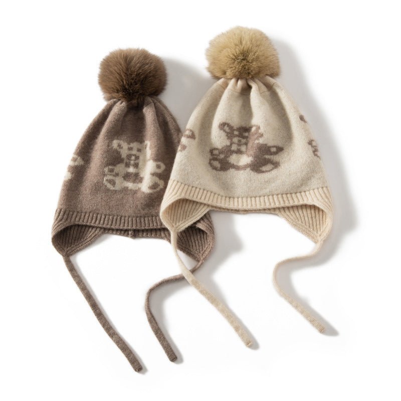 Kids Cashmere Knit Earflap Hat With Pom And Teddy Bear Cashmere Beanie Beige S