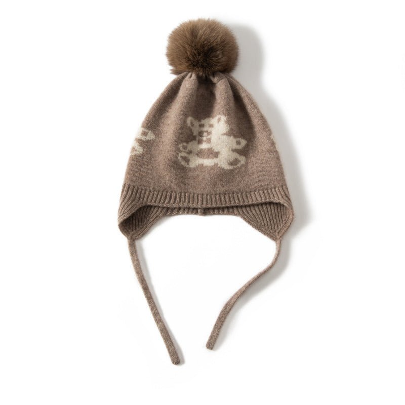 Kids Cashmere Knit Earflap Hat With Pom And Teddy Bear Cashmere Beanie Beige S