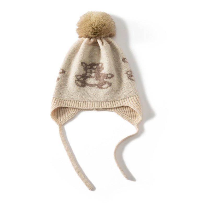 Kids Cashmere Knit Earflap Hat With Pom And Teddy Bear Cashmere Beanie Beige S
