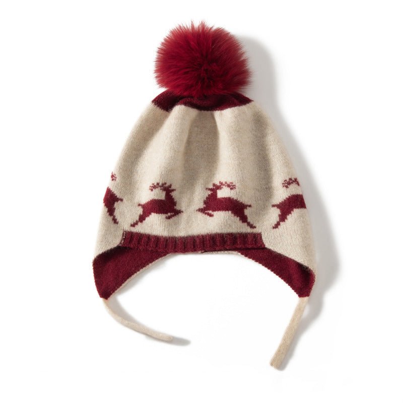 Baby Reindeer Pattern Cashmere Beanie Fur Pom Kids Cashmere Hats Claret S