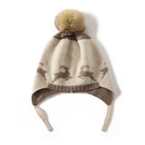 Baby Reindeer Pattern Cashmere Beanie Fur Pom Kids Cashmere Hats Beige S