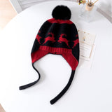 Baby Reindeer Pattern Cashmere Beanie Fur Pom Kids Cashmere Hats Black S