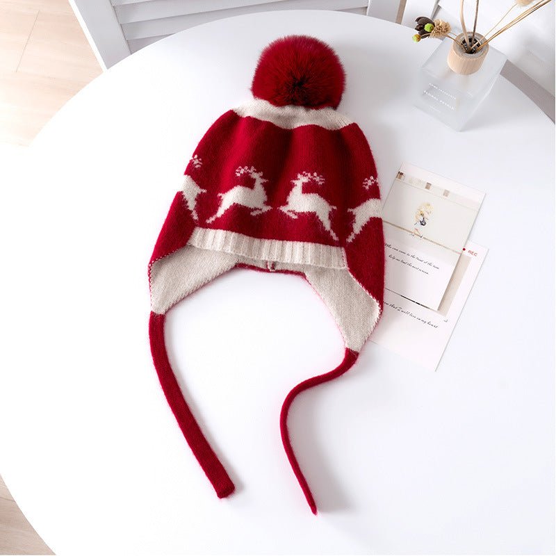 Baby Reindeer Pattern Cashmere Beanie Fur Pom Kids Cashmere Hats Red S
