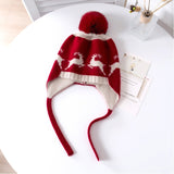 Baby Reindeer Pattern Cashmere Beanie Fur Pom Kids Cashmere Hats Red S