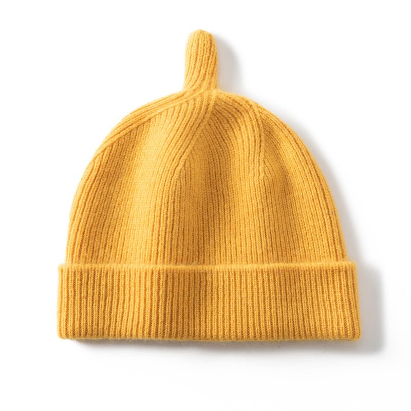 Baby Ribbed Cashmere Beanie With Top Knot Cashmere Hats For Kids Yellow S