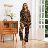 Baroque Chain Print Silk Pajama Set Long Silk Pajamas Silk Two Piece Lounge Set Black XS